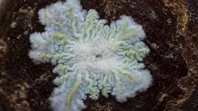 Extreme Macro Shot of White Mold or Mycelium Growth on a Dark Organic Surface Representing Biological Decomposition and Contamination