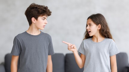 Two siblings, a teenage boy and girl, are engaged in a heated discussion, expressing emotions in a modern living room setting, showcasing family conflict dynamics