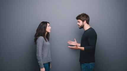 Young couple engaged in a heated argument, expressing emotions and frustrations, standing against a neutral gray background, showcasing conflict in relationships and communication challenges