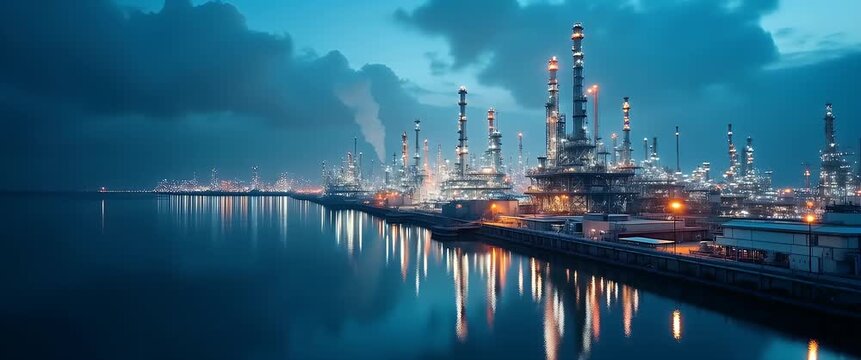 Industrial refinery skyline glows against dusk sky, with gentle flickering lights and a slow panning camera capturing serene waterfront reflections, in a cinematic style.