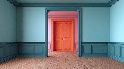 Bright and Colorful Interior Design with Unique Doorway Framed by Soft Blue Walls and Warm Wooden Flooring for Modern Aesthetic Appeal