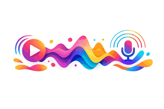 Abstract sound wave with play button and microphone icons