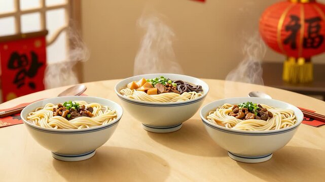 Three bowls of steaming hot noodles on New Year background