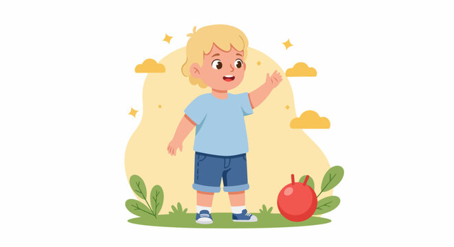 Happy blonde boy playing outdoors with a red hopper ball, waving cheerfully in a bright, playful cartoon setting with green grass and yellow sky.