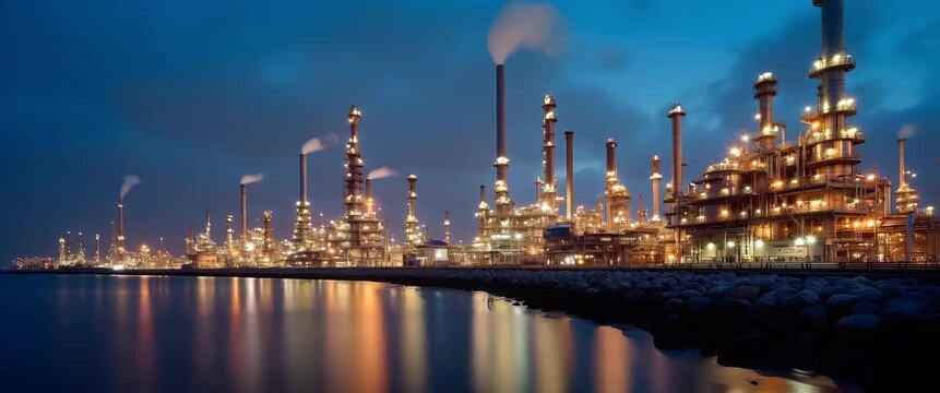 Majestic refinery skyline at dusk with smoke gently rising, reflections shimmering on water, as a slow cinematic pan captures industrial elegance and ambient city lights.
