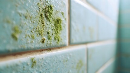 Naklejka premium ro close-up reveals mold and grime growing on dirty bathroom tile grout with a cold green hue.