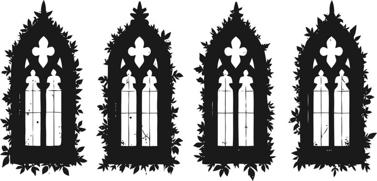 Gothic window frames silhouette set with pointed arches and decorative floral patterns