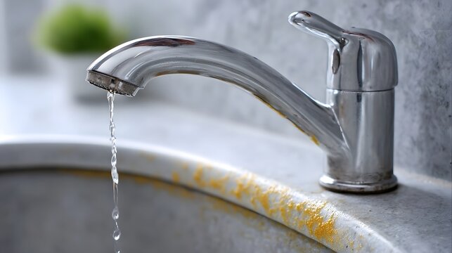 A close-up view reveals yellowish soap scum and stain buildup around a dirty sink faucet, highlighting unpleasant household grime.