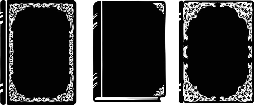 Set of vintage ornate book cover designs with decorative borders and corner embellishments