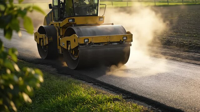 A large road roller compacts hot asphalt on a country road, with steam rising from the fresh pavement at sunrise