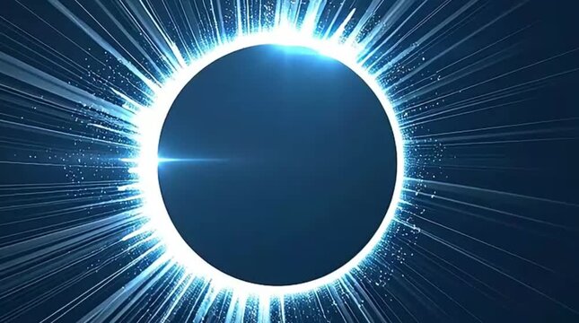An abstract blue light circle radiates bright, glowing rays against a dark background, creating a futuristic and energetic visual.