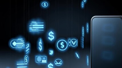 digital financial transaction concept, augmented reality holograms of payment and currency icons floating above smartphone, transparent blue light effects, dark modern background, clean futuristic - Powered by Adobe