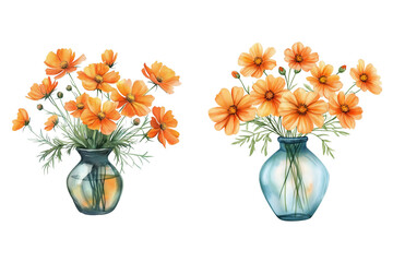 Orange Cosmos Flowers in Vase Watercolor Painting Vector Isolated on Transparent Background