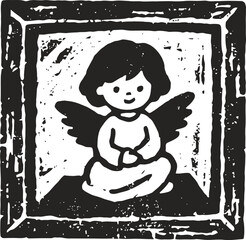 Fototapeta premium Black and white engraved illustration of a cute angel with wings sitting and praying