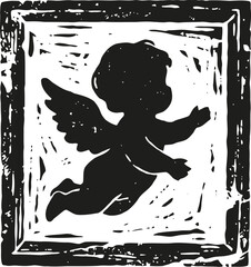 Fototapeta premium Silhouette of a flying angel with wings in a vintage woodcut frame