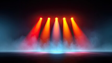 Fototapeta premium Dramatic Stage Lighting with Colorful Spotlights Shining on a Misty Surface, Creating a Mysterious and Captivating Atmosphere for Performances