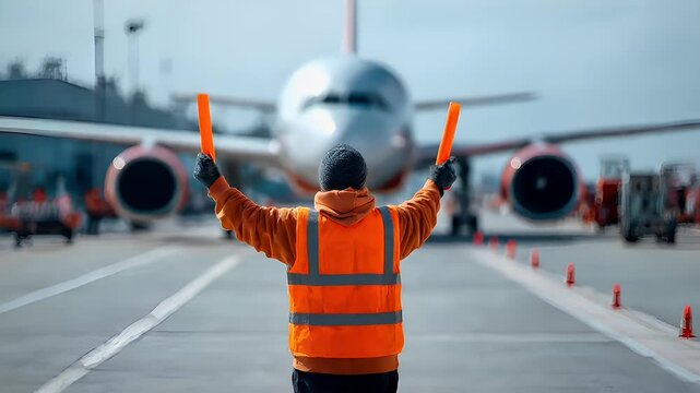 A man in an orange safety vest and black gloves raises his arms in triumph at an airport tarmac, with a large airplane in the background.