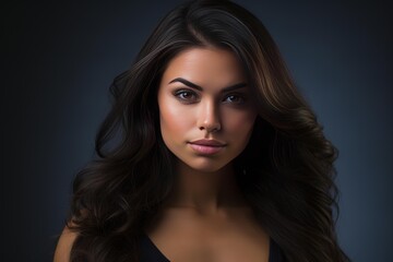 Fototapeta premium Woman with long dark wavy hair looking confidently at the viewer in a studio setting