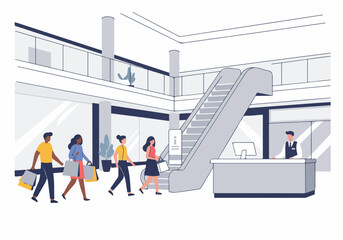 Obraz premium Diverse Shoppers Enjoying a Modern Mall Experience, Walking with Shopping Bags Near Escalators and an Information Desk Attendant