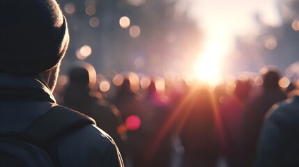 Sunlit silhouettes of a demonst n march create a powerful, atmospheric scene with soft bokeh, rendered in hyper cinematic detail.