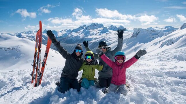 Happy family celebrating winter adventure skiing snowboarding on mountain peak with stunning snowy landscape and blue sky background