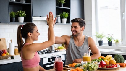 Couple giving high five in kitchen with healthy food