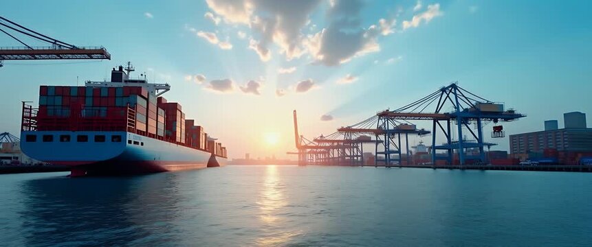 Cargo ship glides through a bustling port at sunrise, cranes loading containers, while a slow cinematic pan reveals the vibrant harbor scene, capturing global trade dynamics.