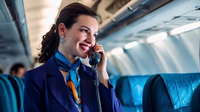 A woman in a blue flight attendants uniform on a plane, talking on a phone. She is wearing a blue blazer with a blue scarf tied around her neck.