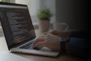 Man working on laptop computer in office for website display