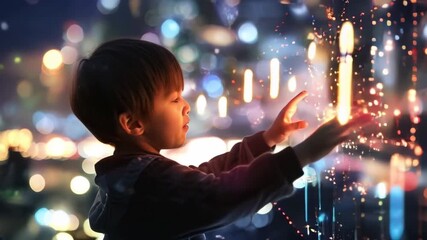 Curious boy touching a glowing holographic interface surrounded by colorful lights, symbolizing technology, imagination, learning, and the digital future. - Powered by Adobe