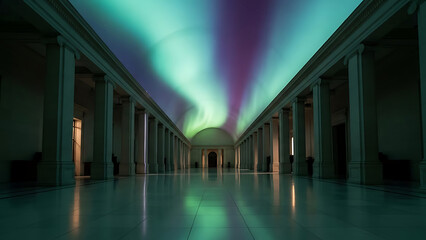 Fototapeta premium Aurora borealis light projection illuminating a grand hall with classical columns and reflective floor.