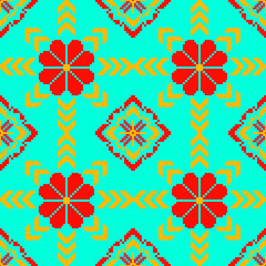 seamless floral pattern
The seamless design uses geometric shapes arranged in red and yellow flowers, hearts, and diamond shapes, against a turquoise background.