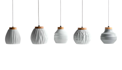 Five contemporary pendant lights hang, each with a unique white shade and wooden accent