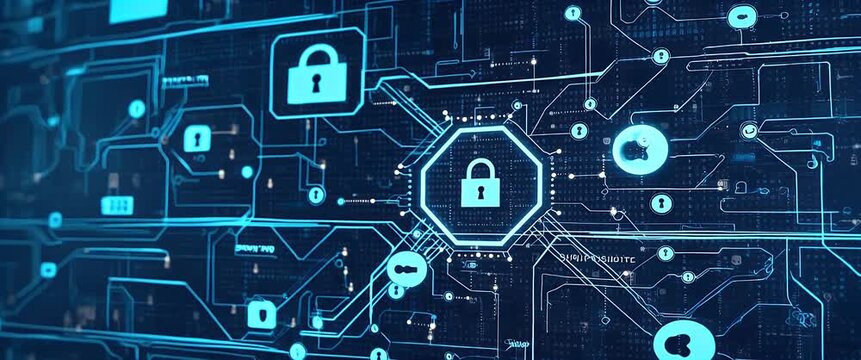 High-tech locks animate across a digital circuit board as the camera slowly pans, showcasing cybersecurity in a futuristic, cinematic style with dynamic lights flickering.
