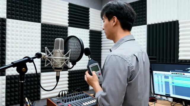 Technician measuring noise levels in a soundproof studio to assess acoustic insulation performance and ensure optimal sound quality for recordings.