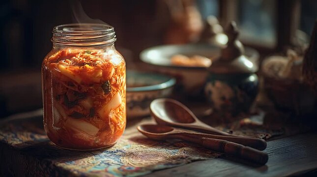Authentic Korean Kimchi Fermentation Process in Glass Jar Traditional Food Recipe Healthy Probiotic Cuisine Asian Cooking Ingredients Close-Up Shot