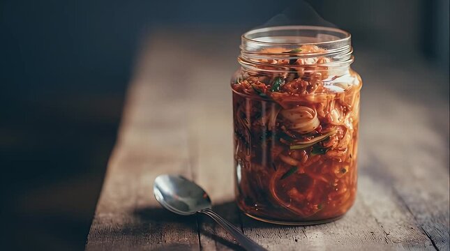 Authentic Korean Kimchi Fermentation Process in Glass Jar Traditional Spicy Cabbage Food Asian Cuisine Healthy Probiotic Recipe Cooking Video Stock Footage