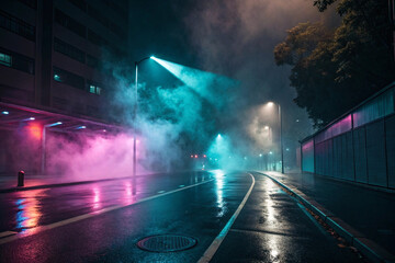 A dark and foggy city street at night with colorful lights reflecting off the wet pavement