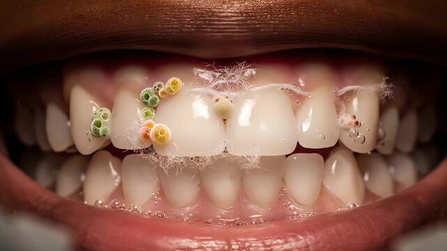 Teeth show bacteria and plaque buildup with germs in mouth. Dental health problem displays bacteria on teeth. Plaque forms on teeth with germs. Mouth bacteria affects dental health on teeth.