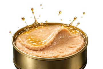Pet food in tin can with liquid, on a transparent background image.