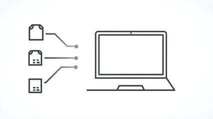 Laptop computer icon animation with document files connecting to the screen on white background - Powered by Adobe