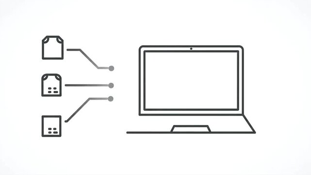 Laptop computer icon animation with document files connecting to the screen on white background