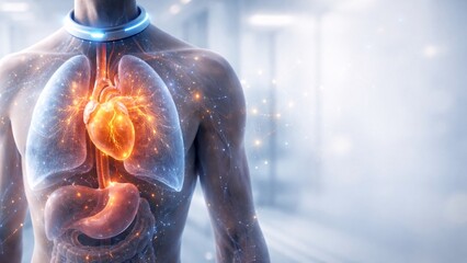 Futuristic Human Anatomy with Glowing Heart and Internal Organs, Advanced Medical Technology Visualization for Healthcare, Cardiology, Wearable Tech, Artificial Intelligence, Digital Health, Science I