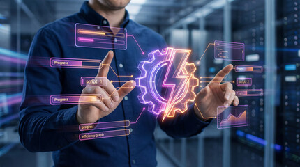 man interacting with virtual interface in server room