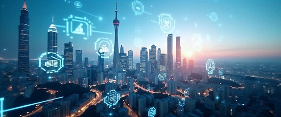 Futuristic city skyline with glowing digital icons hovers as ambient lights flicker; the camera slowly pans, capturing the dynamic, cinematic essence of technology and innovation. - Powered by Adobe