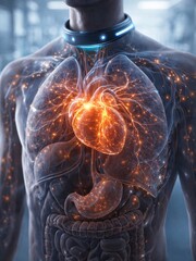 Futuristic Human Anatomy with Glowing Heart and Internal Organs, Advanced Medical Technology Visualization for Healthcare, Cardiology, Wearable Tech, Artificial Intelligence, Digital Health, Science I