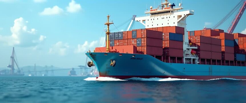 Cinematic tracking shot of a massive cargo ship gliding through a bustling port, cranes lifting containers in the background, with gentle waves lapping and clouds drifting overhead.