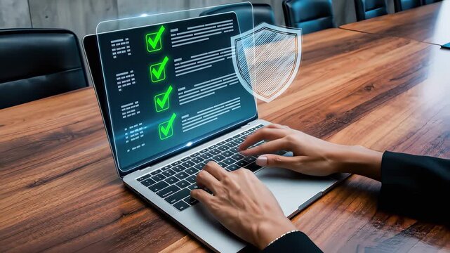 Businessman hand typing on laptop computer with digital policy compliance checklist interface hologram and corporate regulation rule document management system approval verification
