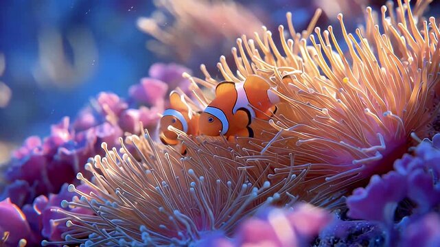 Clownfish swimming among vibrant purple anemone coral reef underwater close up macro footage ocean life marine ecosystem tropical fish stock video
