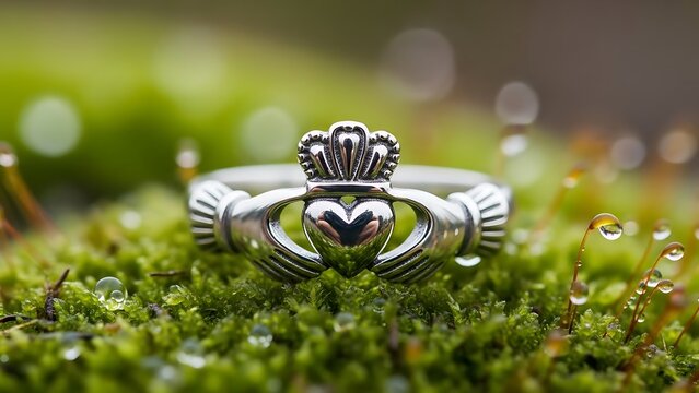 St Patrick's Day, Claddagh ring on moss with water droplets silver jewelry
